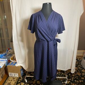 Classic navy pinstripe faux-wrap dress by Lane Bryant. Size 14.
